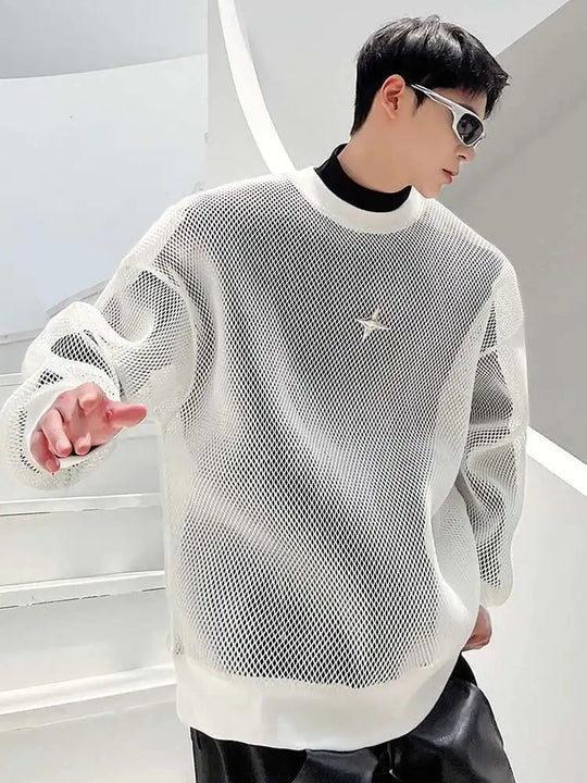 LUZHEN 2025 Frühling High Street Perspektive Original Mesh Design Pullover Herrenmode Metall Schnalle Schmücken Casual Tops LZ3027 Festival Outfits | Techno Shirts | Rave Clothing