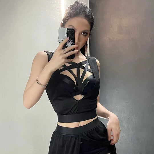 4pcs Set | Rock | Sleeveless Black Crop Bra Top Bandage Underpants Slit Skirt FESTIVAL OUTFITS & STREETWEAR