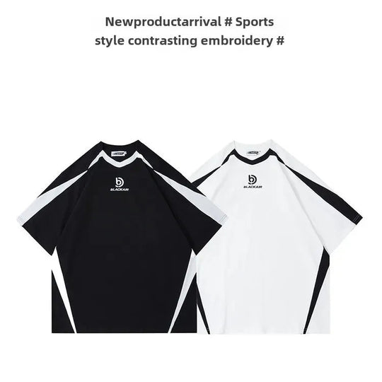 Vintage Spliced Shoulder Short Sleeve T-Shirt Men Women Summer Streetwear Oversize Pair Loose-Fit Top Round Neck Material Festival Outfits | Techno Shirts | Rave Clothing