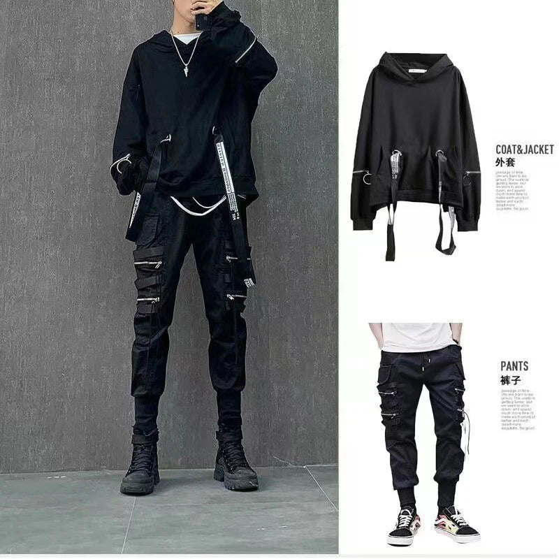 Männer Sets Schwarz Hoodies + Hosen Punk Grafik Zipper Mit Kapuze Sweatshirts Cargo Pant Männer Übergroße Lose Streetwear Anzüge FESTIVAL OUTFITS & STREETWEAR