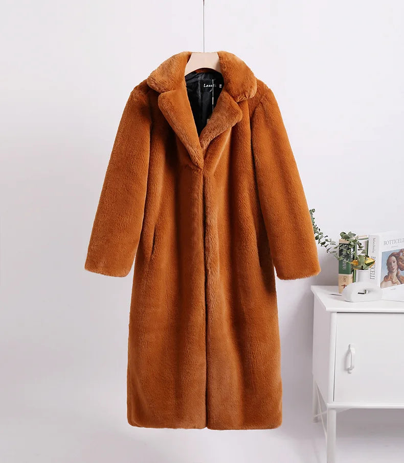 Lapel Faux Fur Coat Women Winter 2024 Long Orange Plush Coats Luxury Fluffy Jacket Teddy Pink Artificial Mink Fur Jacket Furry Festival Outfits | Techno Shirts | Rave Clothing