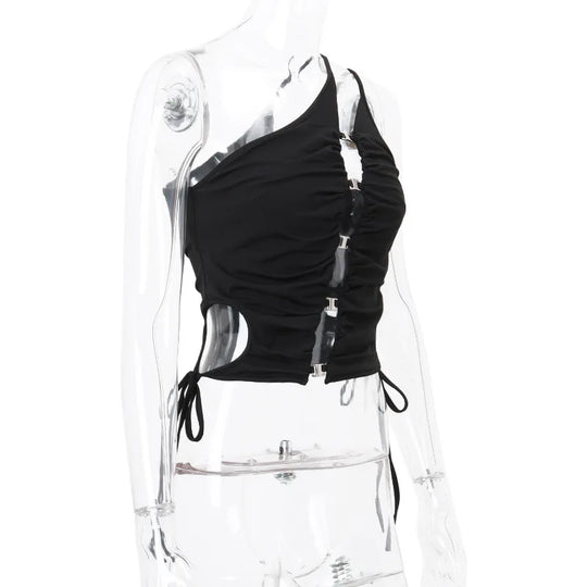 Eine Schulter schwarz Neck holder Top Frauen kantige Kleidung y2k Accessoires aushöhlen Rave Outfit Pailletten Korsett Shirring Ropa de Mujer FESTIVAL OUTFITS & STREETWEAR