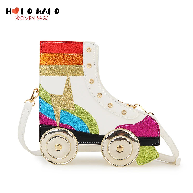 Fun Rainbow Glitter Roller Skate Women Handbag for Girls Novelty Rollerblade Crossbody and Pures Dazzing Daily Shoulder Bag Gift Festival Outfits | Techno Shirts | Rave Clothing