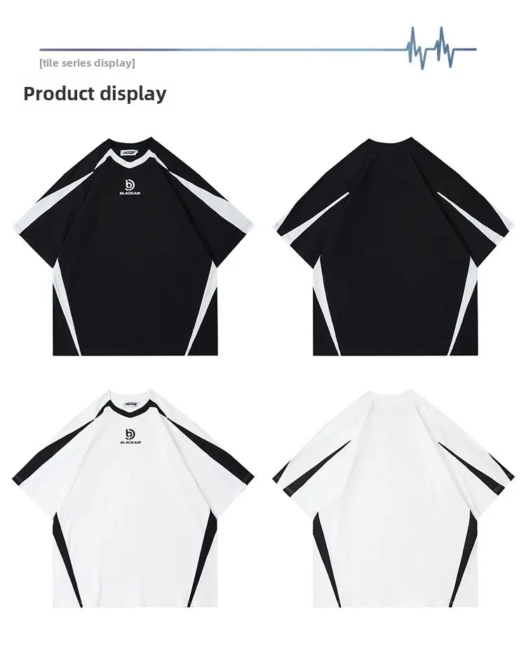 Vintage Spliced Shoulder Short Sleeve T-Shirt Men Women Summer Streetwear Oversize Pair Loose-Fit Top Round Neck Material Festival Outfits | Techno Shirts | Rave Clothing