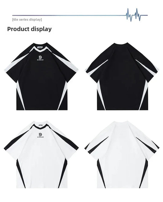 Vintage Spliced Shoulder Short Sleeve T-Shirt Men Women Summer Streetwear Oversize Pair Loose-Fit Top Round Neck Material Festival Outfits | Techno Shirts | Rave Clothing