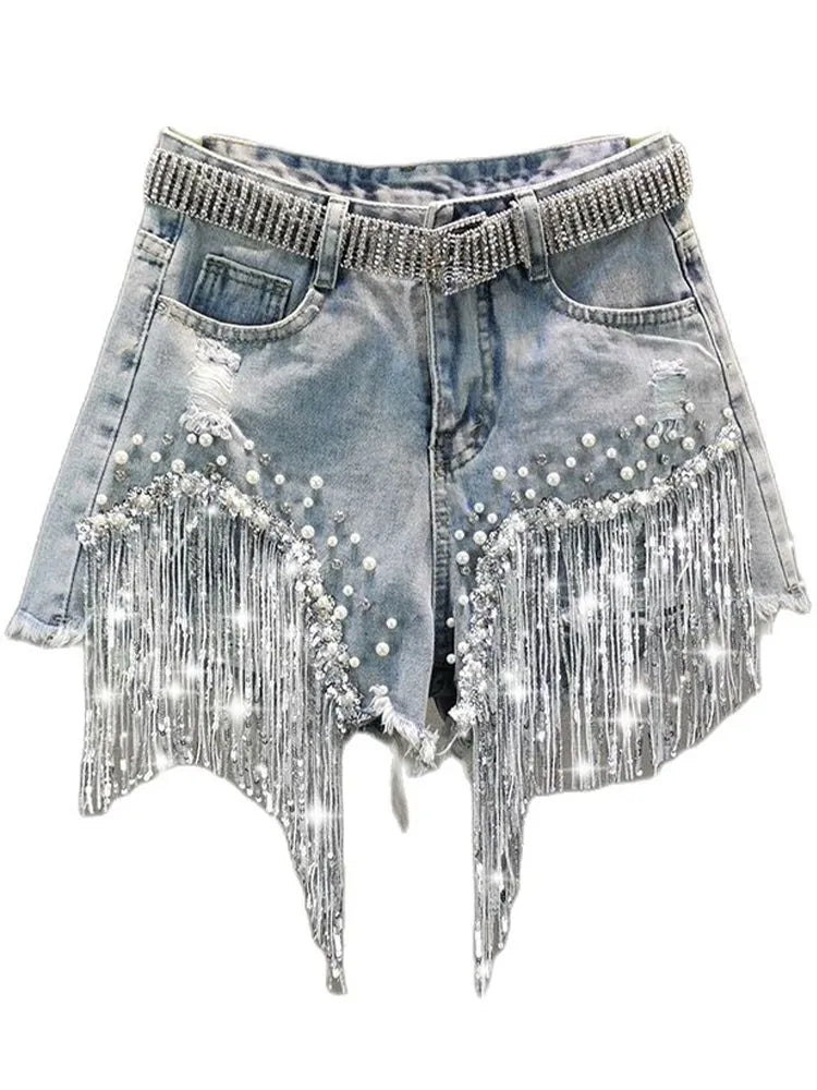 Summer Elegant Shorts Lady Tassel Beading High Waist Wide Leg Denim Shorts Female Casual Solid Shorts Jeans for Women Clothing FESTIVAL OUTFITS & STREETWEAR