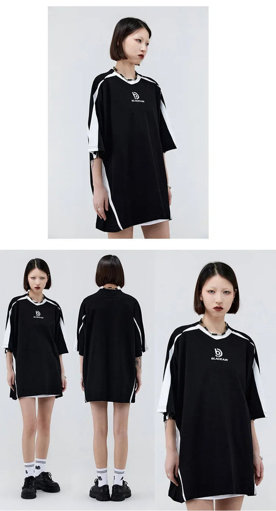 Vintage Spliced Shoulder Short Sleeve T-Shirt Men Women Summer Streetwear Oversize Pair Loose-Fit Top Round Neck Material Festival Outfits | Techno Shirts | Rave Clothing