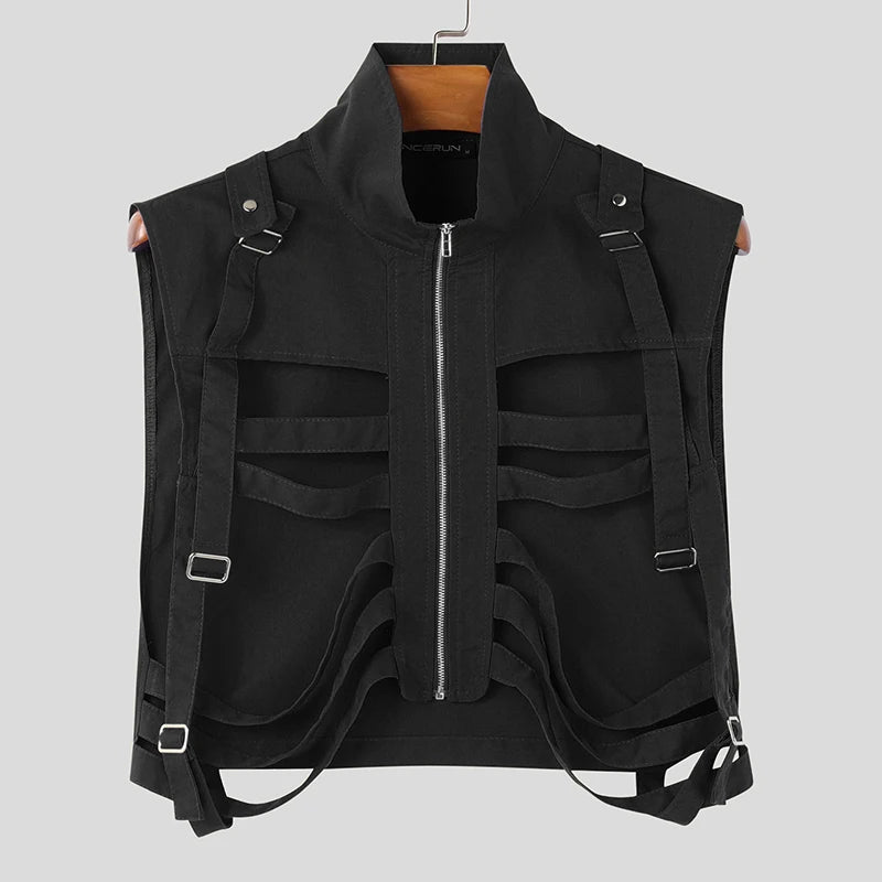 INCERUN 2024 Mens Tops Stylish Hot Sale Deconstruction Design Vests Sexy Male Personality Hollow Solid Cropped Zipper Waistcoats Festival Outfits | Techno Shirts | Rave Clothing