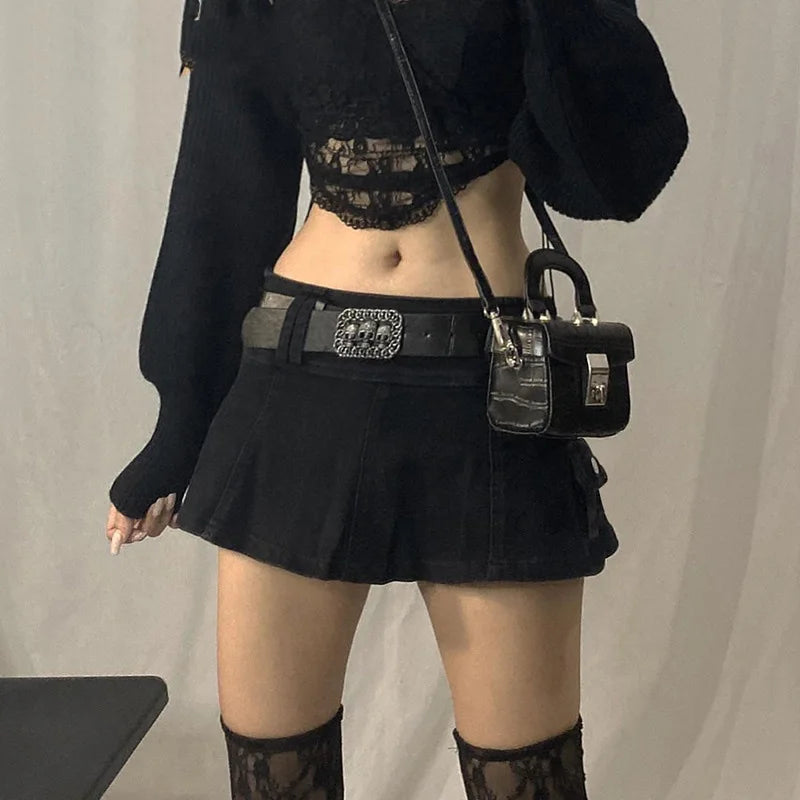 Frauen rock Gothic Mini röcke Low Rise Schwarz Tasche Patchwork A-linie Rock Ästhetischen Harajuku haben leggings koreanische mode FESTIVAL OUTFITS & STREETWEAR