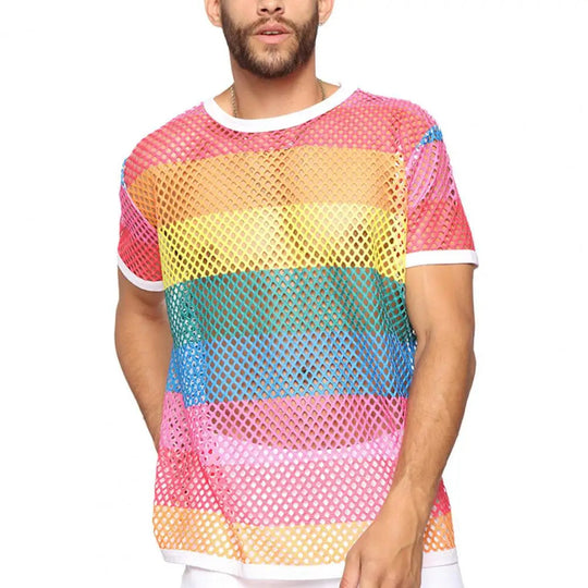 Men Top Clubwear Hollow Out Color Fishnet Block Round Neck Short Sleeves See-through Streetwear Loose Breathable Men Party T-shi Festival Outfits | Techno Shirts | Rave Clothing