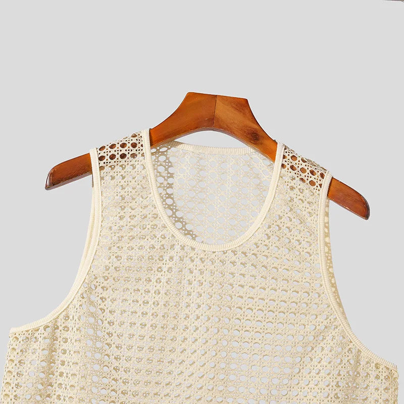 New American Style Fashion Men Tops Popular Vacation Hollow Out Mesh Vests Sexy Casual Sleeveless Tank Tops S-2XL 2025 Summer Festival Outfits | Techno Shirts | Rave Clothing