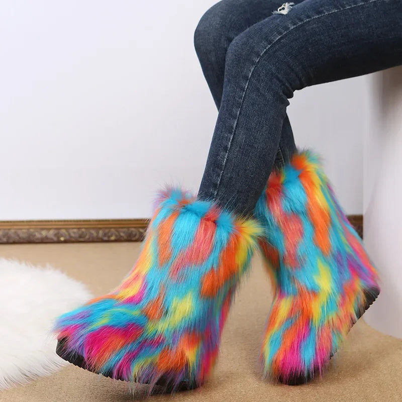 Fashionable Colored Plush Snow Boots Women Winter New Fox Long Hair Comfortable Cotton Shoes Anti Slip Wear-resistant Flat Shoes FESTIVAL OUTFITS & STREETWEAR