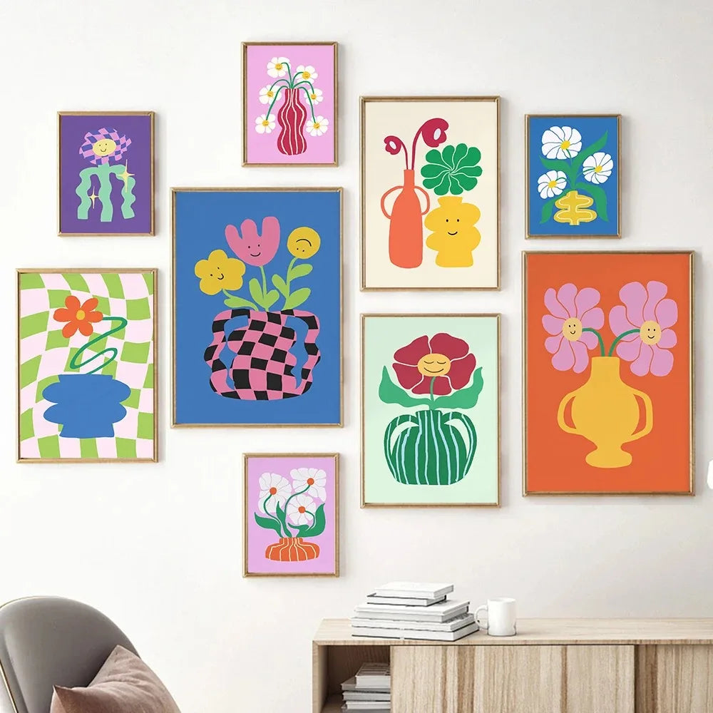 Retro Flowers Wall Art Groovy Flowers Gallery Colorful Poster and Prints Funky Wall Decor 70s Living Room Canvas Painting FESTIVAL OUTFITS & STREETWEAR