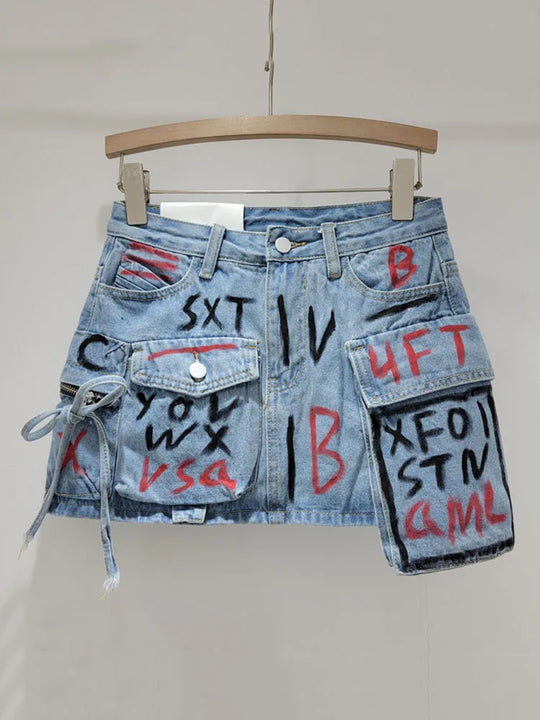 Deat trend ige Vintage Damen Print Brief Tasche Mini Denim Röcke Frühling Mode neue Artikel hohe Taille Rock weiblich 11x FESTIVAL OUTFITS & STREETWEAR