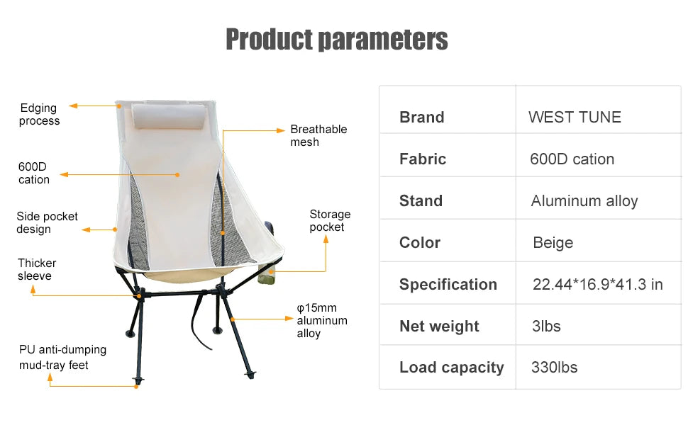 WESTTUNE Tragbarer, zusammenklappbarer Campingstuhl mit Kopfstütze, leichte Touristenstühle, Angelstuhl aus Aluminiumlegierung, Gartenmöbel Festival Outfits | Techno Shirts | Rave Clothing