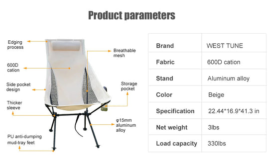 WESTTUNE Tragbarer, zusammenklappbarer Campingstuhl mit Kopfstütze, leichte Touristenstühle, Angelstuhl aus Aluminiumlegierung, Gartenmöbel Festival Outfits | Techno Shirts | Rave Clothing