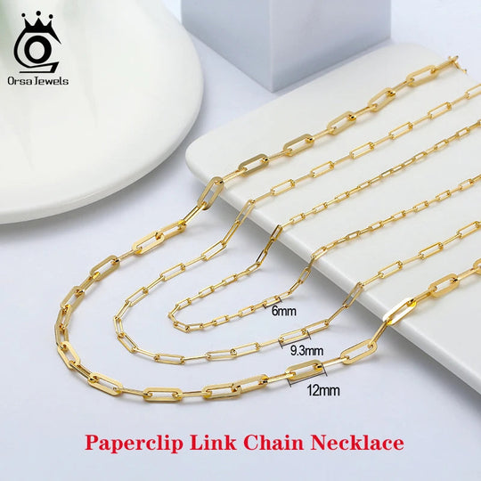 ORSA JEWELS 14K vergoldete echte 925er Sterlingsilber-Büroklammer-Halskette, 6/9,3/12 mm Gliederkette für Damen und Herren, Schmuck SC39 Festival Outfits | Techno Shirts | Rave Clothing