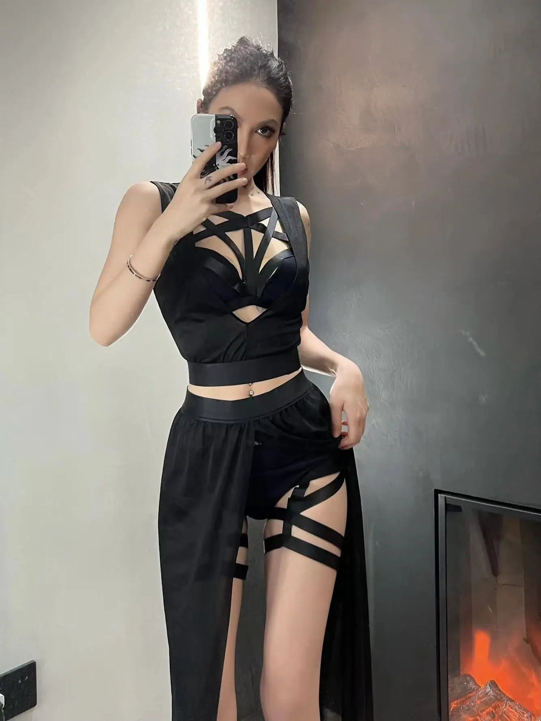 4pcs Set | Rock | Sleeveless Black Crop Bra Top Bandage Underpants Slit Skirt FESTIVAL OUTFITS & STREETWEAR