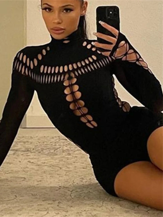 Seltsamer Kater aushöhlen Frauen Bodysuit kreuz und quer voller Ärmel Herbst Trend dünn sexy solide Rave Party Club Streetwear Outfit FESTIVAL OUTFITS & STREETWEAR