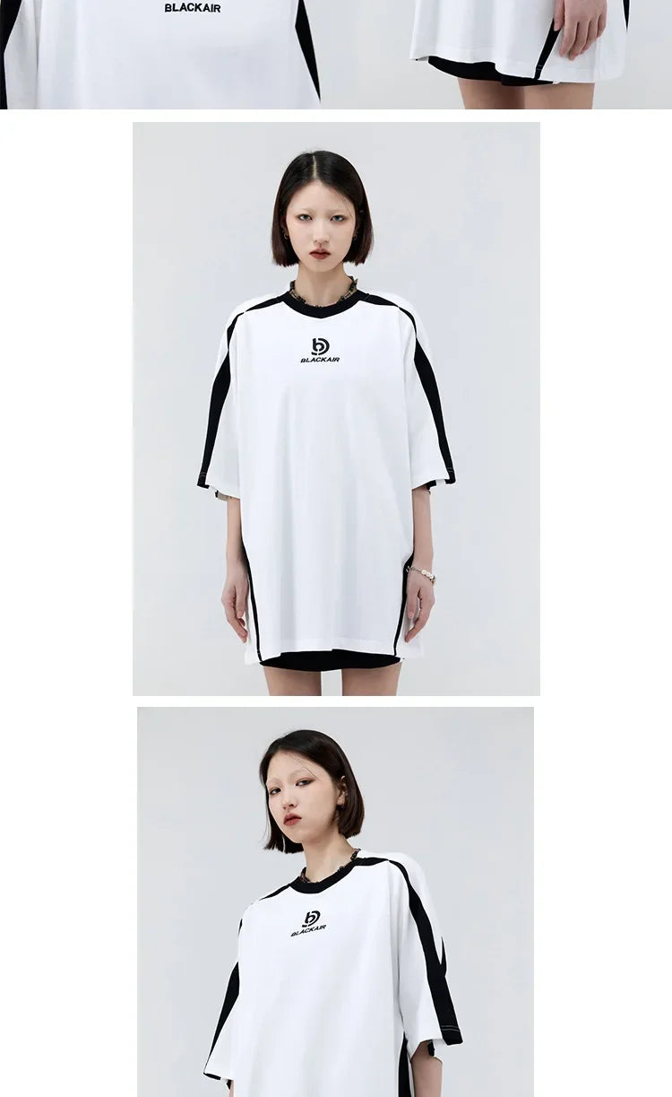 Vintage Spliced Shoulder Short Sleeve T-Shirt Men Women Summer Streetwear Oversize Pair Loose-Fit Top Round Neck Material Festival Outfits | Techno Shirts | Rave Clothing