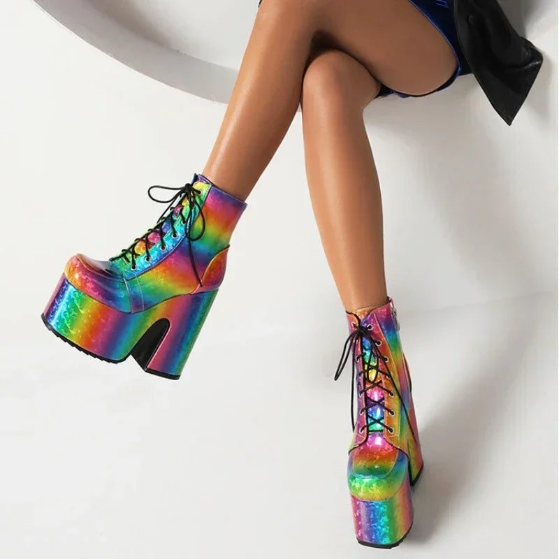 Frauen Regenbogen Stiefel bunte Farbverlauf Schnür plattform Gothic Halloween Fledermaus Schuhe High Heels Winter warme Knöchel Motorrad Stiefel Festival Outfits | Techno Shirts | Rave Clothing