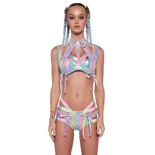 Frauen bunte Laser Bikini Anzug 6 Farben sexy Pole Dance Kleidung Bar Nachtclub DJ DS Stage Rave Outfits Gogo Kostüme Festival Outfits | Techno Shirts | Rave Clothing