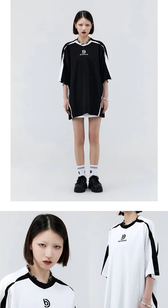 Vintage Spliced Shoulder Short Sleeve T-Shirt Men Women Summer Streetwear Oversize Pair Loose-Fit Top Round Neck Material Festival Outfits | Techno Shirts | Rave Clothing