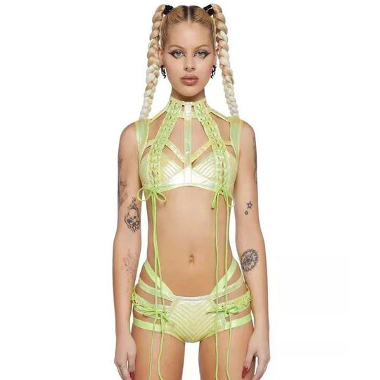 Frauen bunte Laser Bikini Anzug 6 Farben sexy Pole Dance Kleidung Bar Nachtclub DJ DS Stage Rave Outfits Gogo Kostüme Festival Outfits | Techno Shirts | Rave Clothing