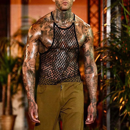 Men's Leather Stitching Net Shirt Motorcycle Leather Vest Top Sexy See-through Hooded Vest Muscular Men Fitness Vest Tank Top Me Festival Outfits | Techno Shirts | Rave Clothing