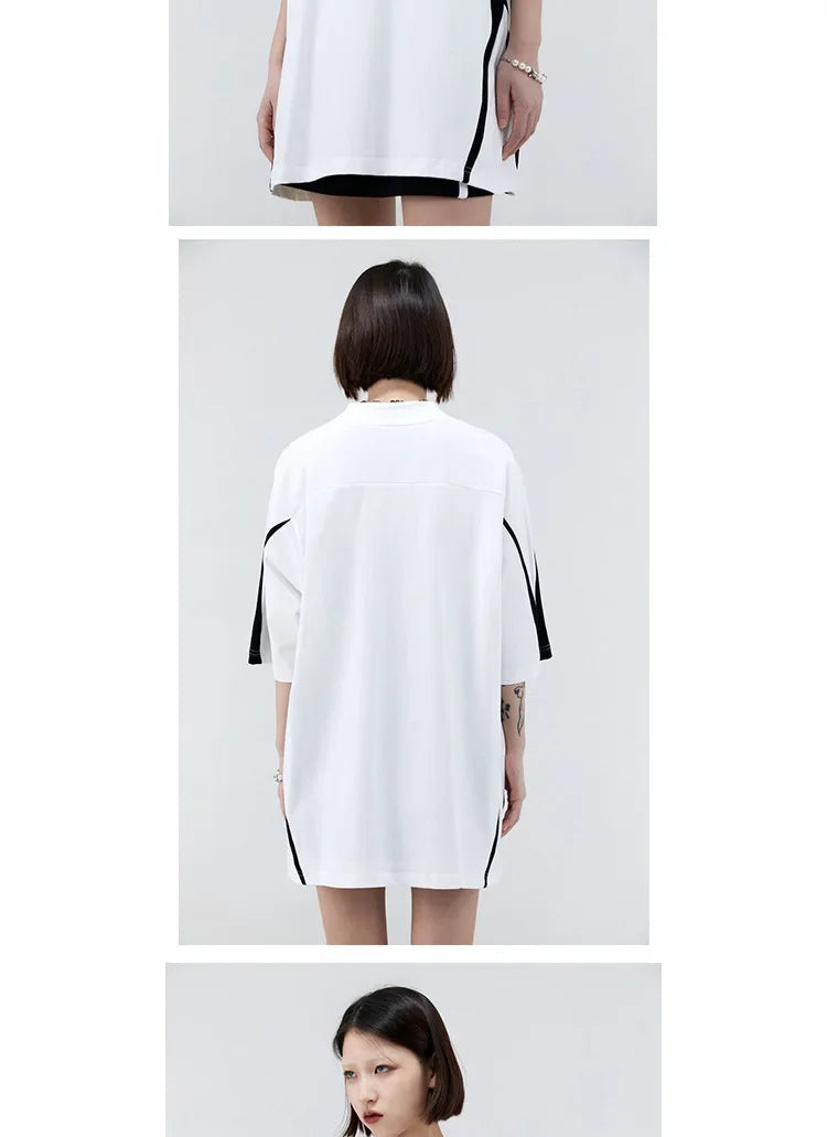 Vintage Spliced Shoulder Short Sleeve T-Shirt Men Women Summer Streetwear Oversize Pair Loose-Fit Top Round Neck Material Festival Outfits | Techno Shirts | Rave Clothing