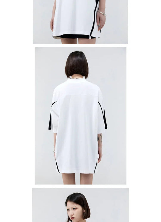 Vintage Spliced Shoulder Short Sleeve T-Shirt Men Women Summer Streetwear Oversize Pair Loose-Fit Top Round Neck Material Festival Outfits | Techno Shirts | Rave Clothing