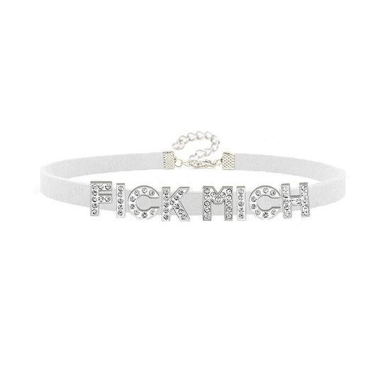 Sexy Rhinestone Letters FICK MICH Collar Choker Necklace Men Women Goth Harajuku DDLG Customized Chocker Cosplay Jewelry Gift Festival Outfits | Techno Shirts | Rave Clothing