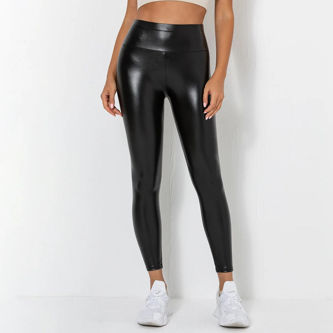 Dünne Leder-Leggings, Stretch-Gesäß, hohe Taille, Lederhose, elastische, schmale Hose für Frauen, glänzende schwarze, sexy enge Hose Festival Outfits | Techno Shirts | Rave Clothing