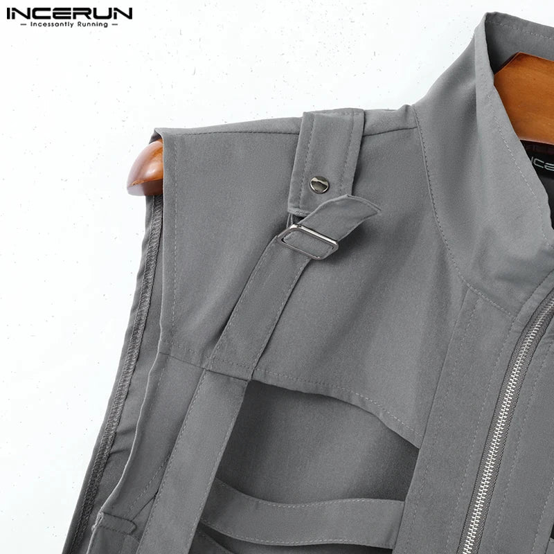 INCERUN 2024 Mens Tops Stylish Hot Sale Deconstruction Design Vests Sexy Male Personality Hollow Solid Cropped Zipper Waistcoats Festival Outfits | Techno Shirts | Rave Clothing