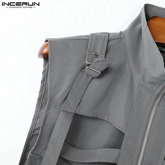 INCERUN 2024 Mens Tops Stylish Hot Sale Deconstruction Design Vests Sexy Male Personality Hollow Solid Cropped Zipper Waistcoats Festival Outfits | Techno Shirts | Rave Clothing