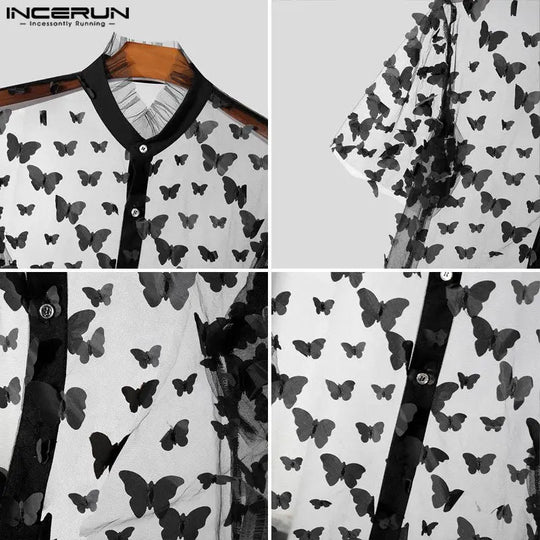 Fashion Party Shows Style Tops INCERUN 2024 Men Personality Print Shirt Sexy Casual Male Thin Cropped Short Sleeved Blouse S-5XL Festival Outfits | Techno Shirts | Rave Clothing