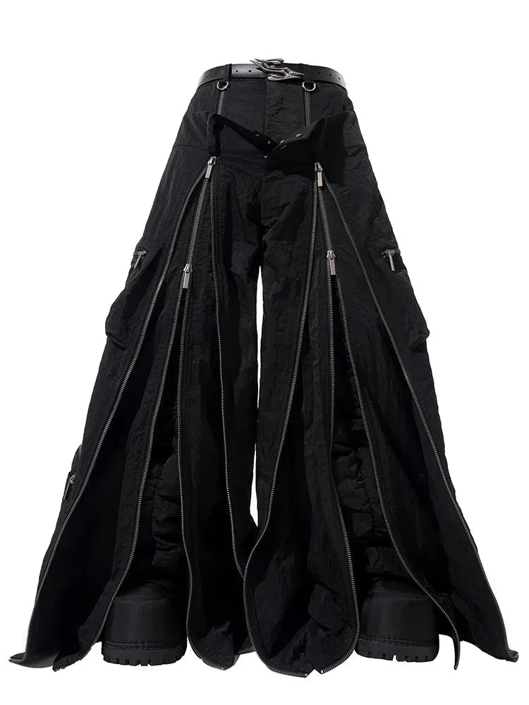 Mauroicardi Frühling Herbst Coole schwarze Baggy-Techwear-Hose mit weitem Bein für Herren mit vielen Reißverschlüssen Luxus-Designer-Kleidung Streetwear Festival Outfits | Techno Shirts | Rave Clothing