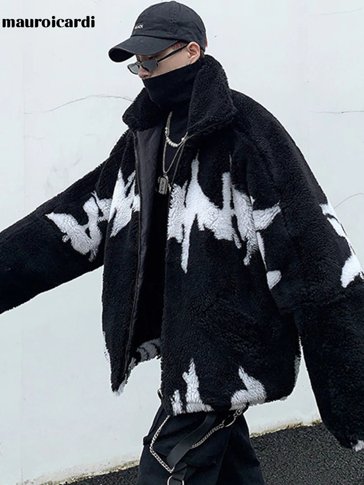 Mauroicardi Winter Übergroße Verdickte Warme Flauschige Kunstpelz Jacke Männer Raglan Langarm Zip Up Luxus Designer Kleidung 2022 Festival Outfits | Techno Shirts | Rave Clothing