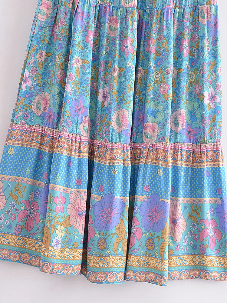 Vintage Chic Women Hippie Summer Tassel Elastic Waist Boho Skirt Blue Floral Printed Rayon Beach Bohemian Pleated Maxi Skirts FESTIVAL OUTFITS & STREETWEAR