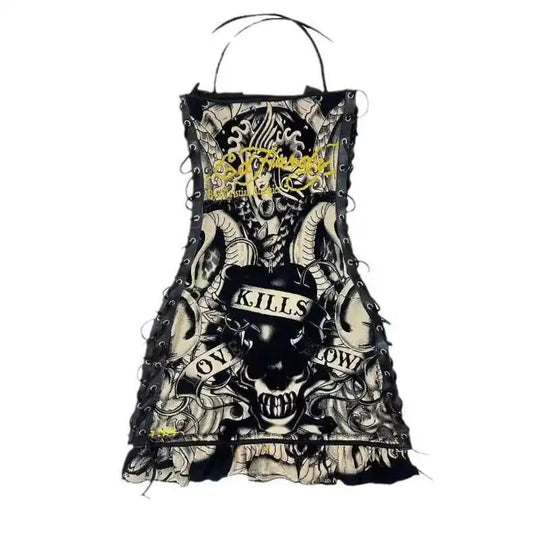 Totenkopf bedruckte Gothic-Minikleider für Damen, Schnürung, Neckholder, sexy Kleider, Slash-Ausschnitt, Y2k-Partykleider, A-Linie, figurbetontes Kleid für Damen Festival Outfits | Techno Shirts | Rave Clothing
