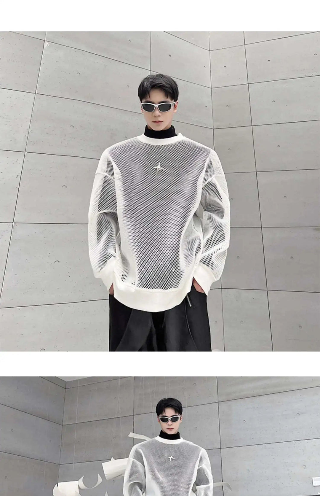 LUZHEN 2025 Frühling High Street Perspektive Original Mesh Design Pullover Herrenmode Metall Schnalle Schmücken Casual Tops LZ3027 Festival Outfits | Techno Shirts | Rave Clothing