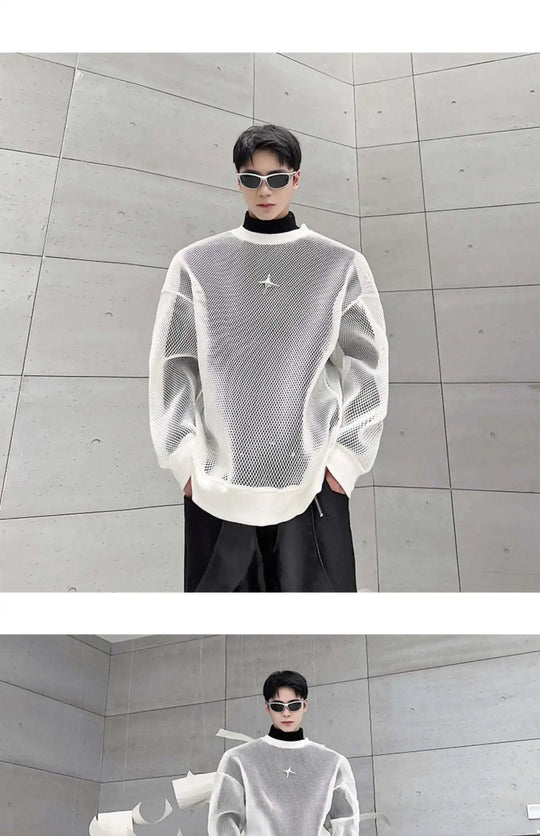 LUZHEN 2025 Frühling High Street Perspektive Original Mesh Design Pullover Herrenmode Metall Schnalle Schmücken Casual Tops LZ3027 Festival Outfits | Techno Shirts | Rave Clothing
