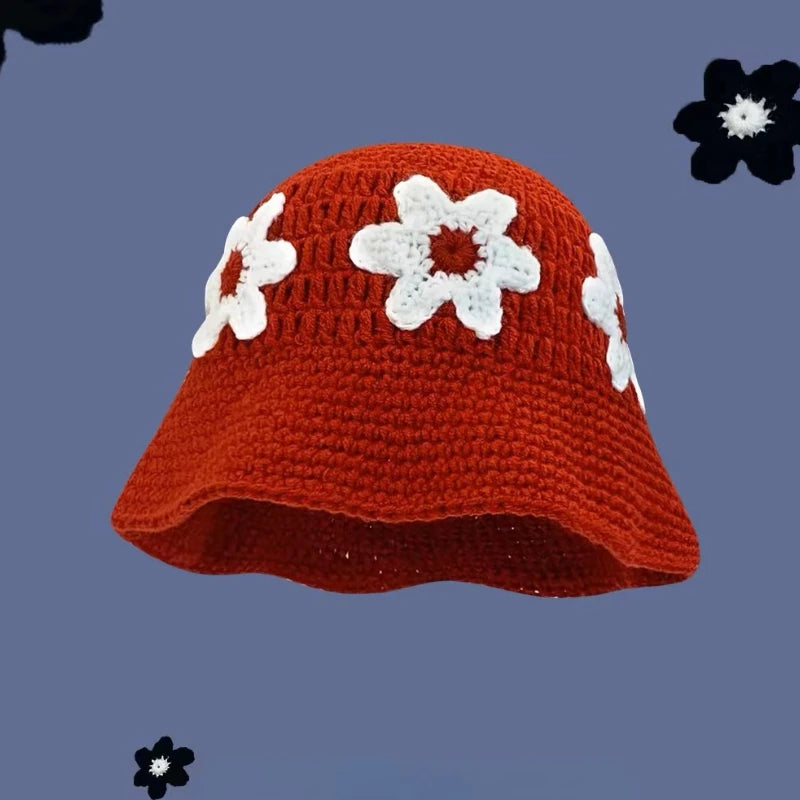 2023 herbst Neue Häkeln Koreanische Handgemachte Eimer Hut Frauen Weben Gestrickte Hut Y2k Mode Blumen Herbst Winter Mützen Becken Kappe Festival Outfits | Techno Shirts | Rave Clothing