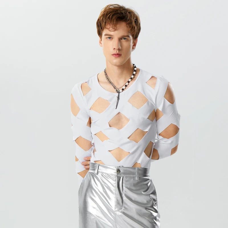 INCERUN Men Bodysuits Solid Color Hollow Out Sexy O-neck Long Sleeve Men T Shirts Rompers Streetwear 2024 Fashion Bodysuit S-3XL Festival Outfits | Techno Shirts | Rave Clothing