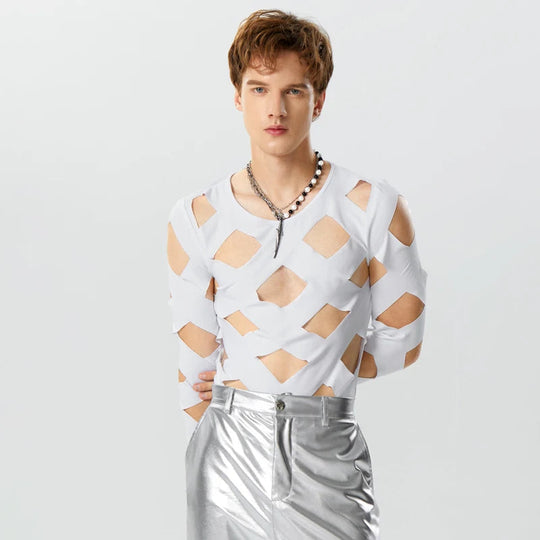 INCERUN Men Bodysuits Solid Color Hollow Out Sexy O-neck Long Sleeve Men T Shirts Rompers Streetwear 2024 Fashion Bodysuit S-3XL Festival Outfits | Techno Shirts | Rave Clothing