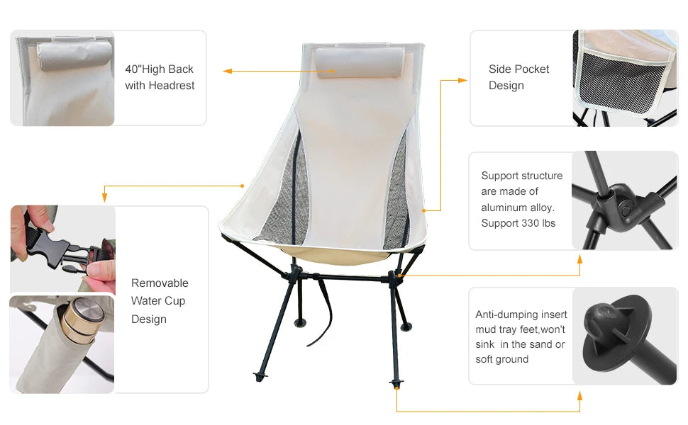 WESTTUNE Tragbarer, zusammenklappbarer Campingstuhl mit Kopfstütze, leichte Touristenstühle, Angelstuhl aus Aluminiumlegierung, Gartenmöbel Festival Outfits | Techno Shirts | Rave Clothing