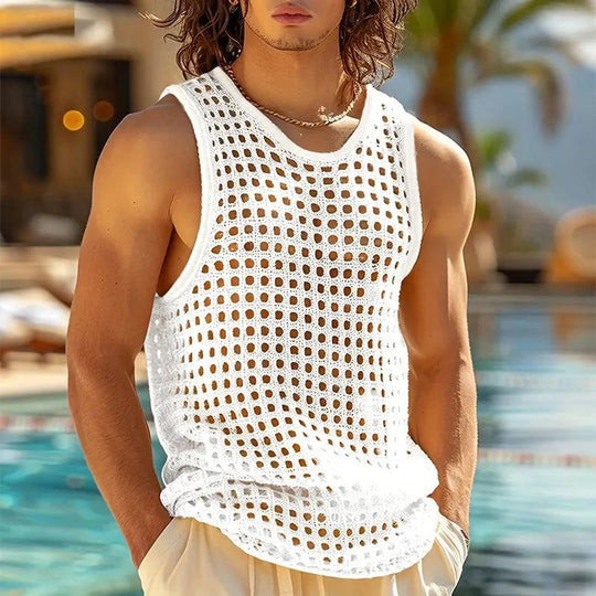 New American Style Fashion Men Tops Popular Vacation Hollow Out Mesh Vests Sexy Casual Sleeveless Tank Tops S-2XL 2025 Summer Festival Outfits | Techno Shirts | Rave Clothing