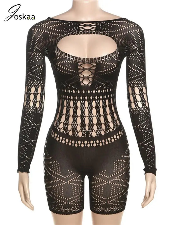 Joskaa sexy aushöhlen schwarze Spiel anzüge Frauen sehen durch O-Ausschnitt Ganzarm Body-Shaping Stram pler Sommer 2024 Mitternacht Clubwear FESTIVAL OUTFITS & STREETWEAR