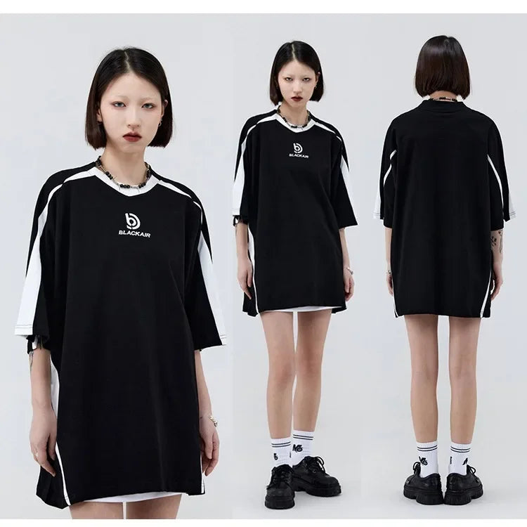 Vintage Spliced Shoulder Short Sleeve T-Shirt Men Women Summer Streetwear Oversize Pair Loose-Fit Top Round Neck Material Festival Outfits | Techno Shirts | Rave Clothing