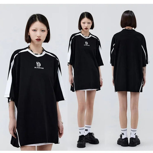 Vintage Spliced Shoulder Short Sleeve T-Shirt Men Women Summer Streetwear Oversize Pair Loose-Fit Top Round Neck Material Festival Outfits | Techno Shirts | Rave Clothing
